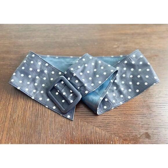 Vintage Neiman Marcus Made in Italy Navy Polka Dot Wide Waist Belt Medium